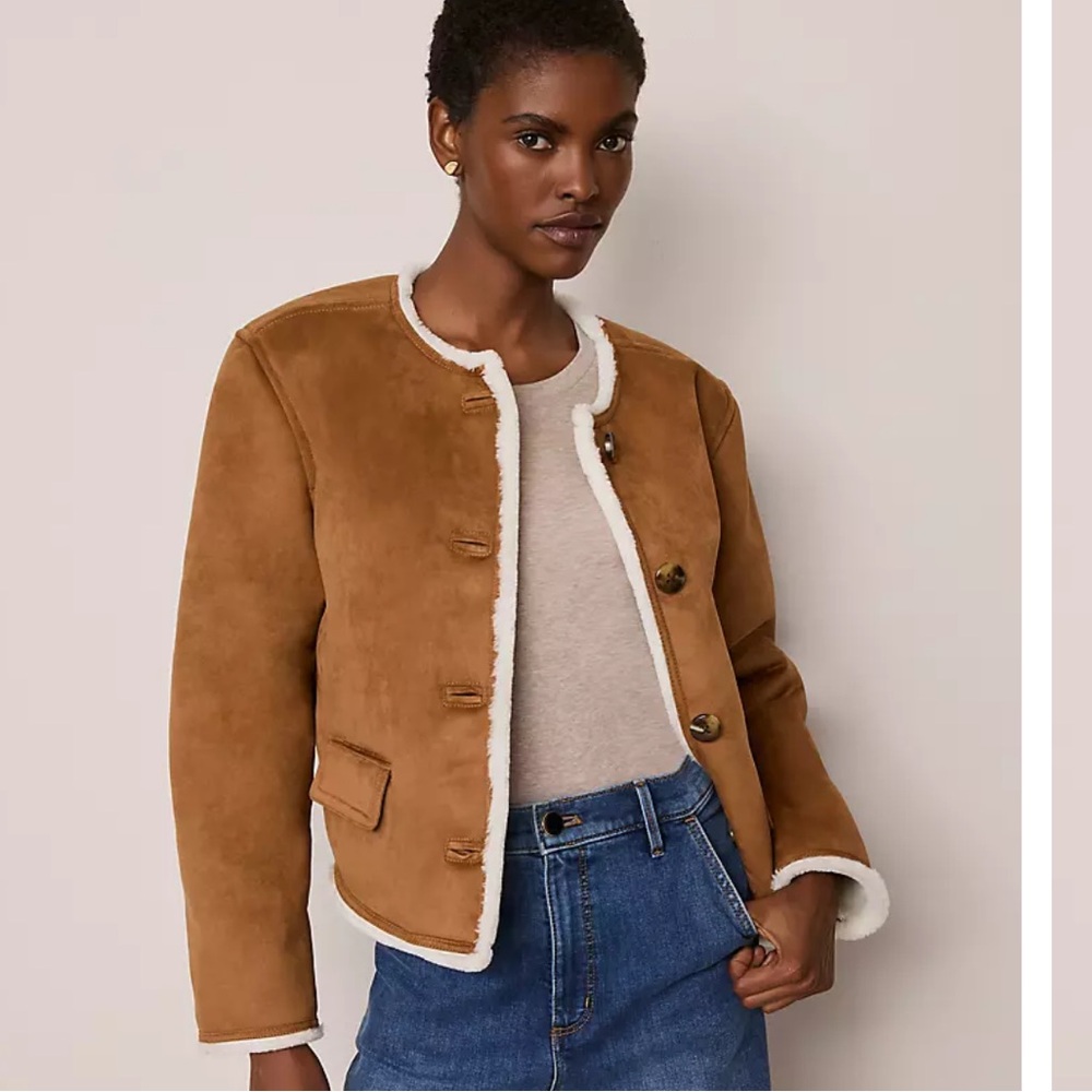 Faux Suede Crew Neck Jacket - Tan